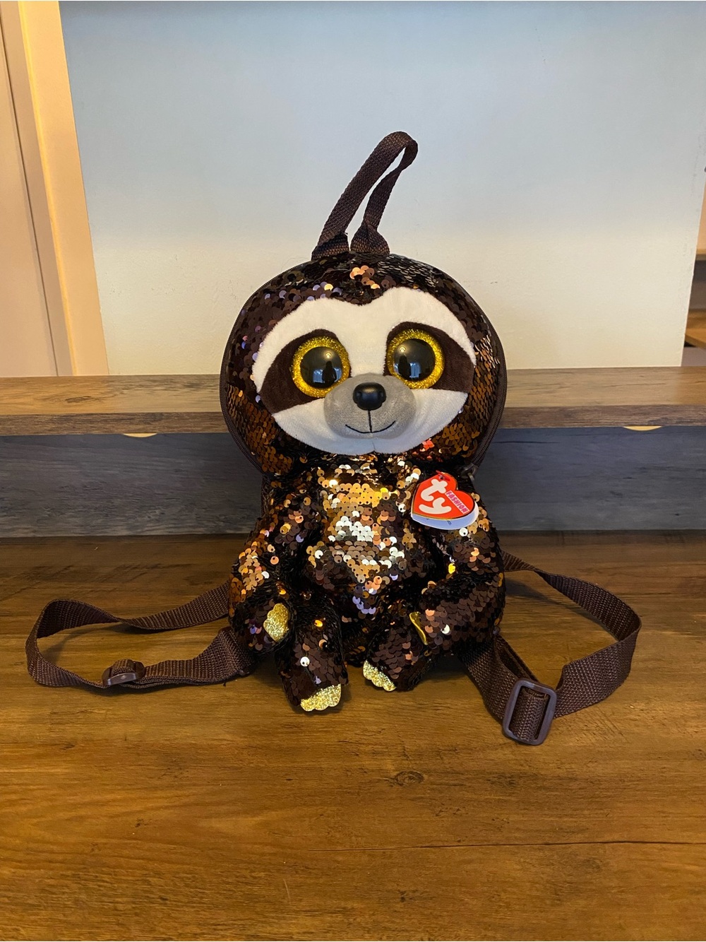 Ty Beanie Baby Reversible Sequin Dangler Sloth Plush Brown & Gold Backpack Bag